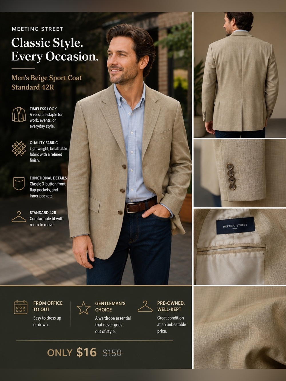 Men's Meeting Street Beige Sport Coat Standard 42R